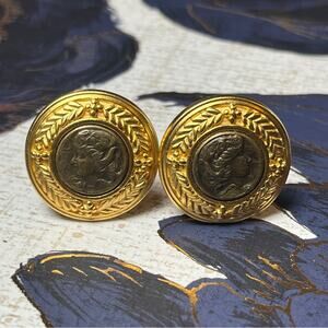 Vintage Regal Oversized Gold and Bronze Cameo Coin Medallion Earrings D1